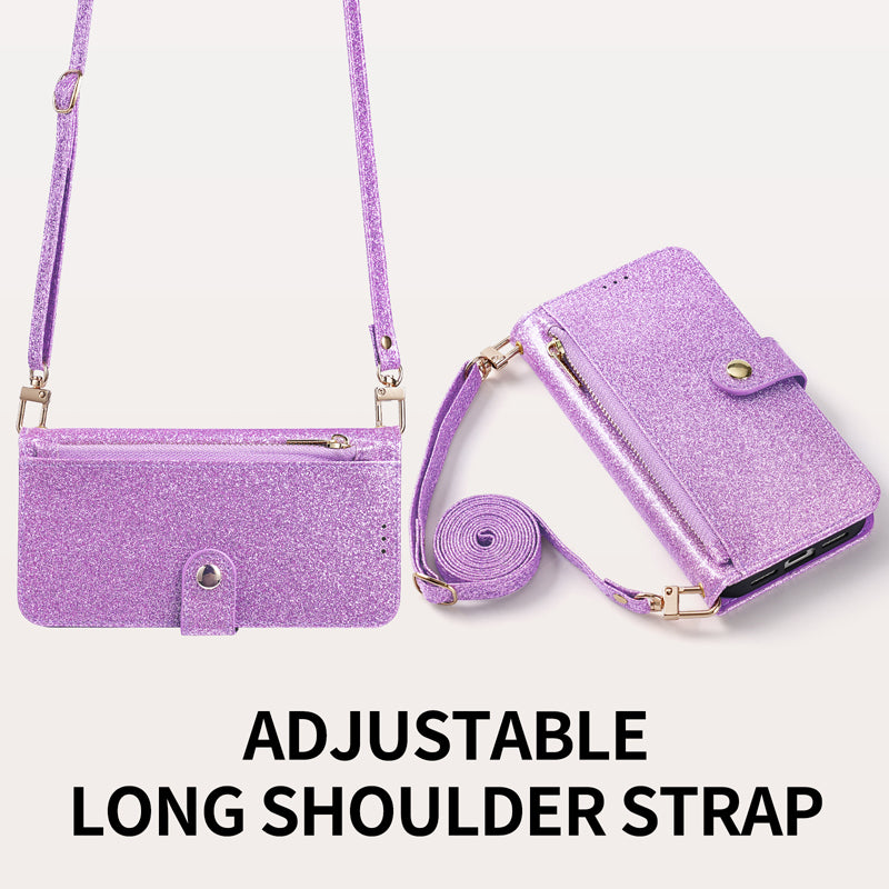 Purple sparkly leather crossbody wallet phone case with attached length-adjustable shoulder strap and zipper pocket.