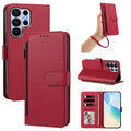 Red leather wallet case for Samsung Galaxy Ultra shown from 5 angles including camera lens cutout, wristlet strap carry, horizontal kickstand mode, and interior wallet layout with card slots and photo window.