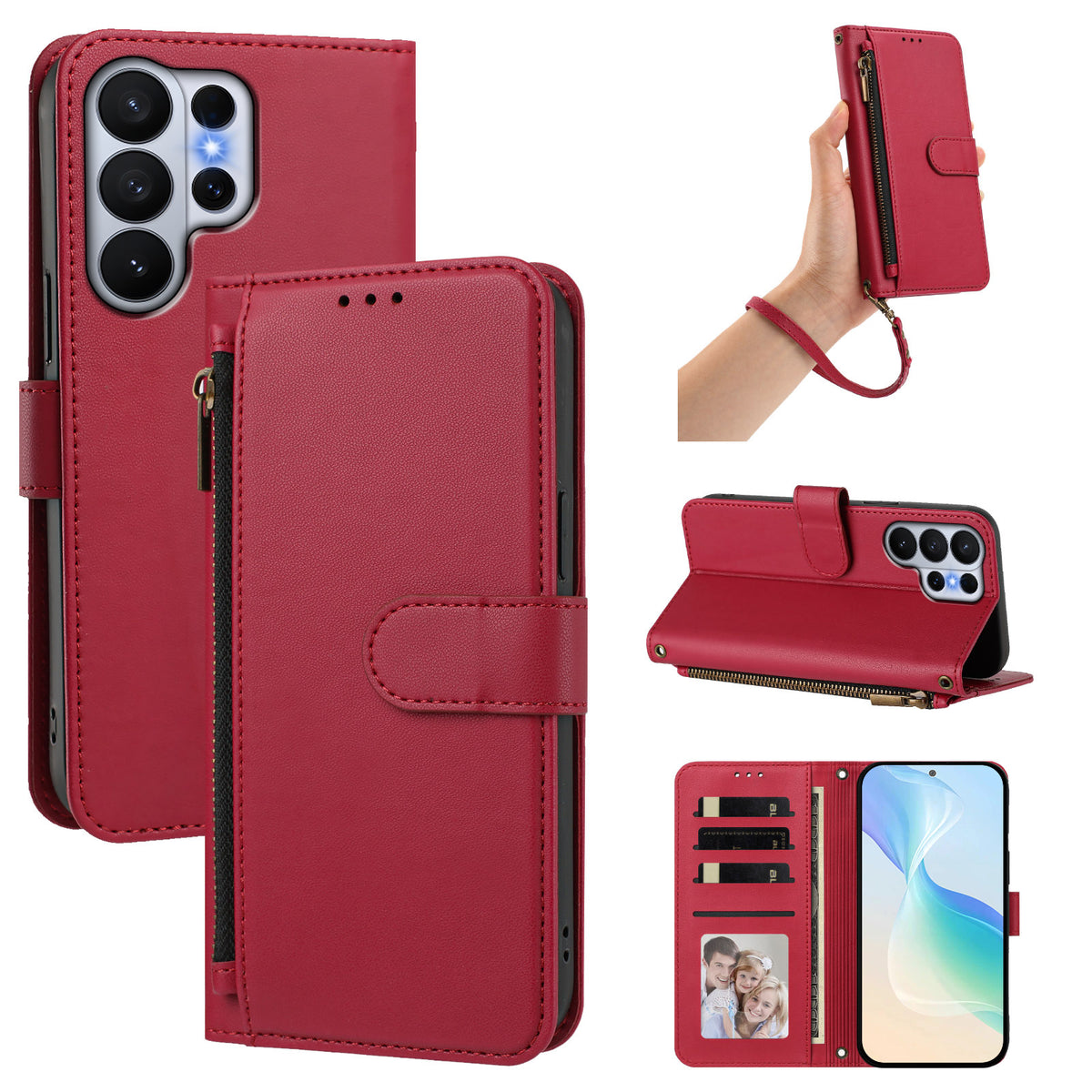 Red leather wallet case for Samsung Galaxy Ultra shown from 5 angles including camera lens cutout, wristlet strap carry, horizontal kickstand mode, and interior wallet layout with card slots and photo window.