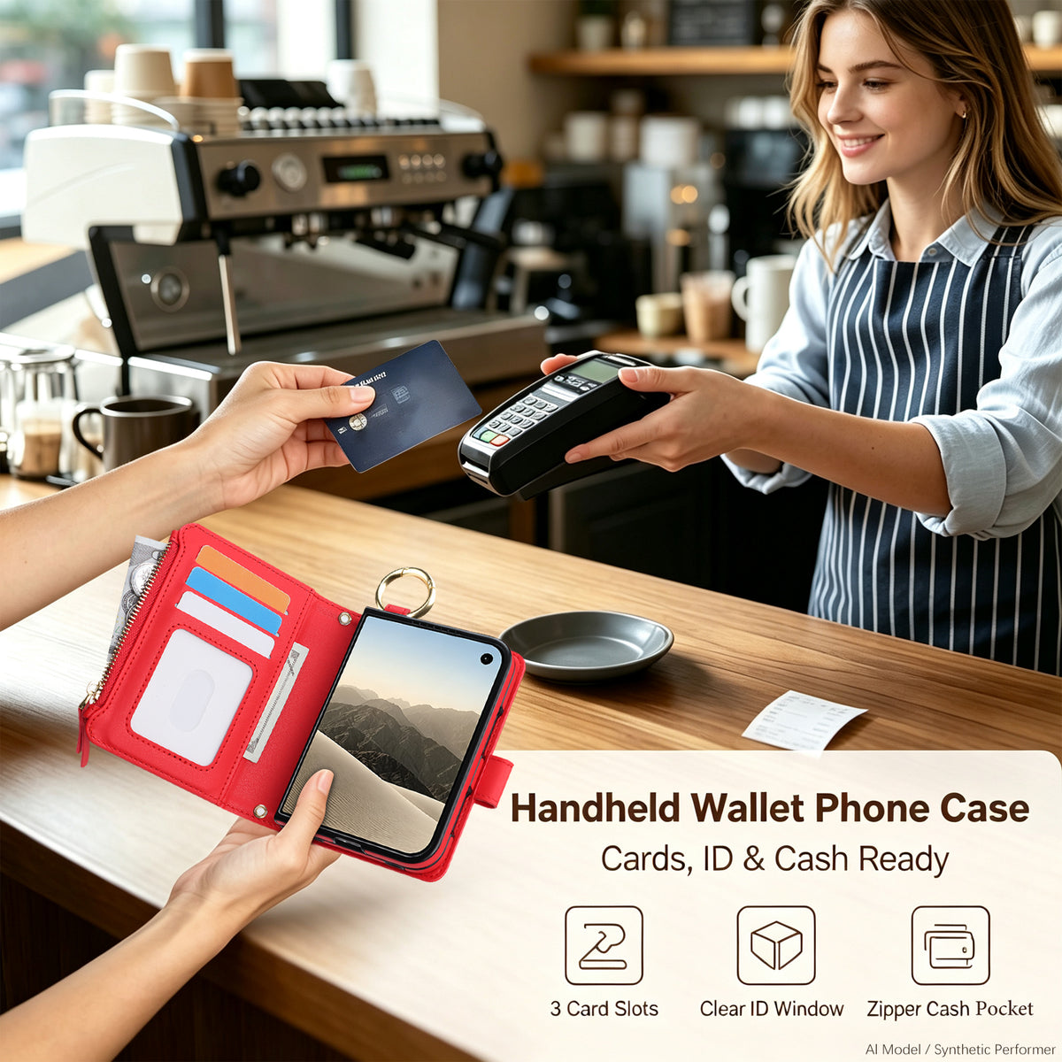 Red handheld iPhone DUO wallet phone case held at coffee shop checkout showing credit card slot and zipper cash pocket