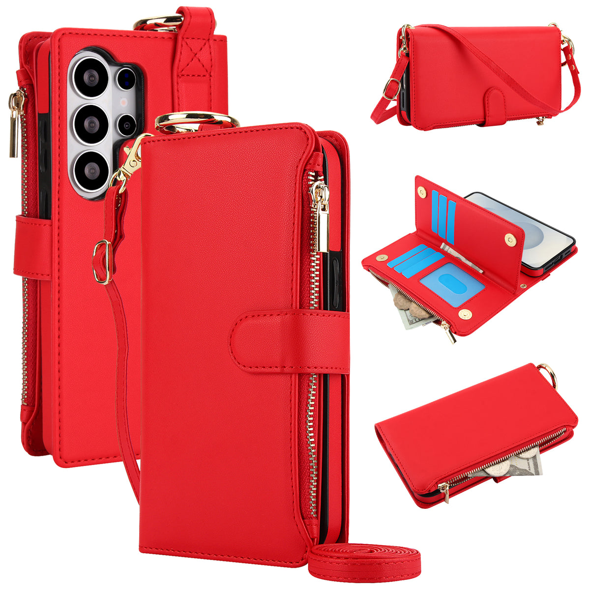 Red leather RFID crossbody wallet case for Samsung Galaxy S26 Ultra displaying multi-angle views of card slots, zipper coin pocket, and strap