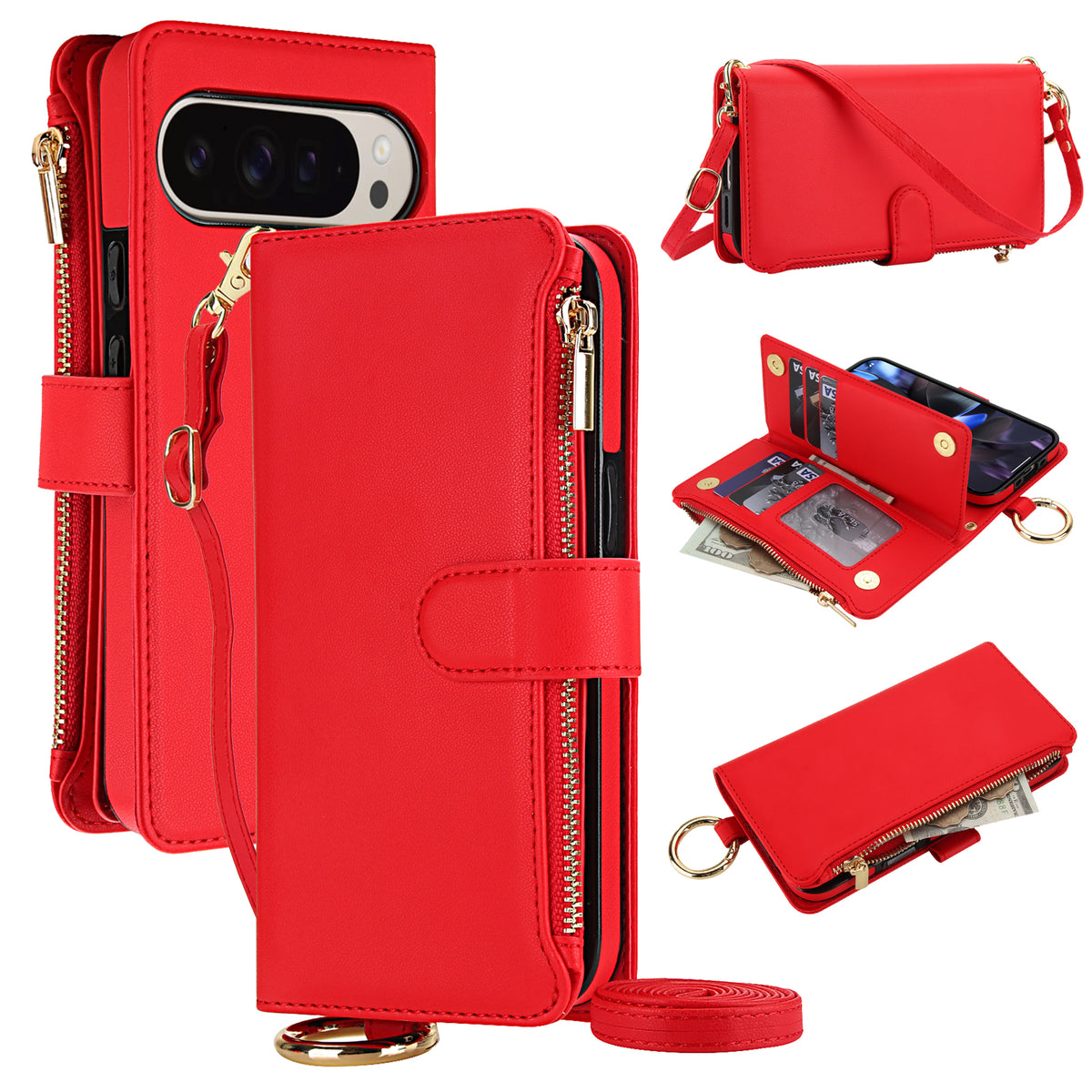 Red leather crossbody wallet phone case for Google Pixel 10 and 9 series detailing front closure flap, rear camera bar protection, gold ring clip, open credit card slots, and cash zipper slot.