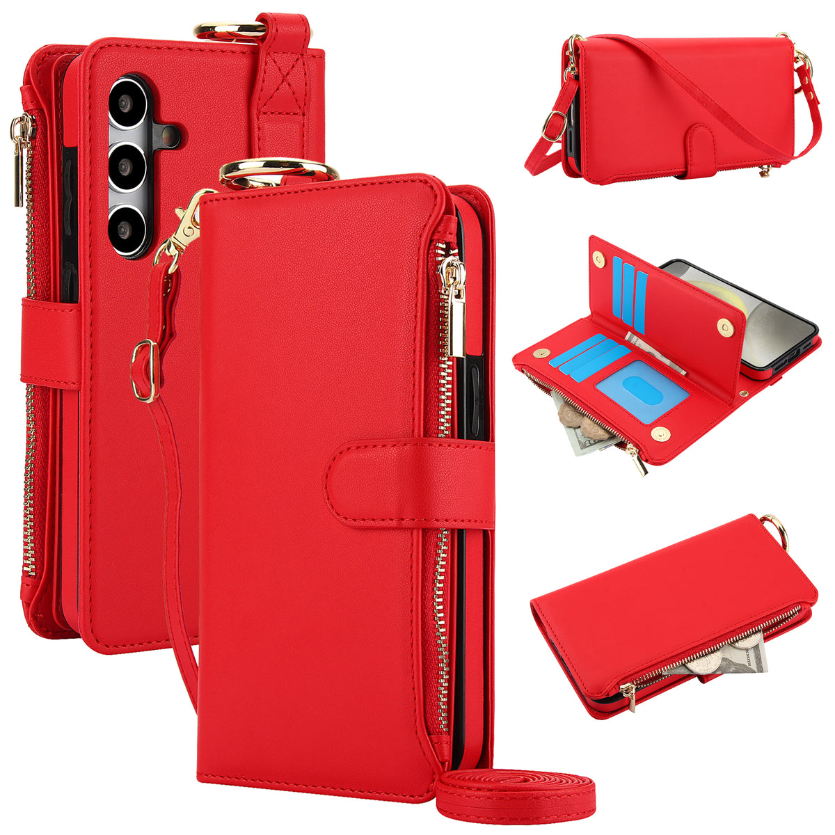 Red leather crossbody wallet phone case for Samsung Galaxy A-series detailing front closure, back panel, top gold carabiner ring, open credit card holder flap, and cash zipper slot.