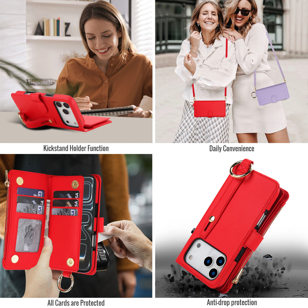 Red leather flip wallet case with kickstand function and full-body anti-drop protection