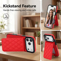 Red leather phone case using wallet flap as a kickstand for hands-free video calls on a desk
