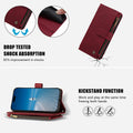 Red leather shockproof zipper wallet case demonstrating drop test protection and multi-angle kickstand mode