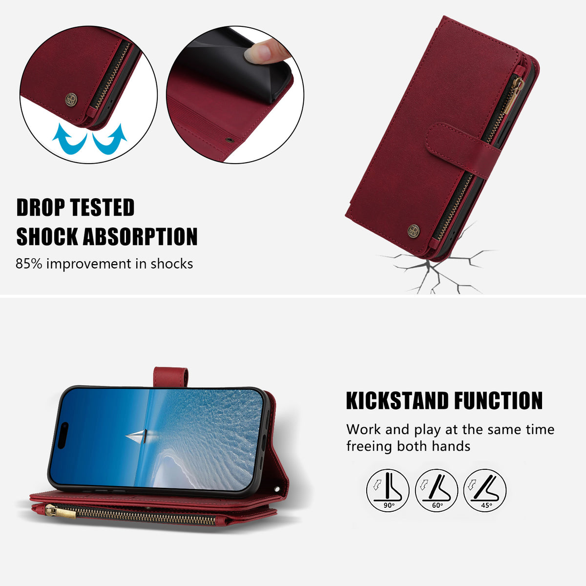 Red leather shockproof zipper wallet case demonstrating drop test protection and multi-angle kickstand mode