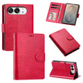Red leather wallet case for iPhone DUO displaying closed front cover, back camera protection, inner card organizer flap, cash pocket, and horizontal kickstand mode.
