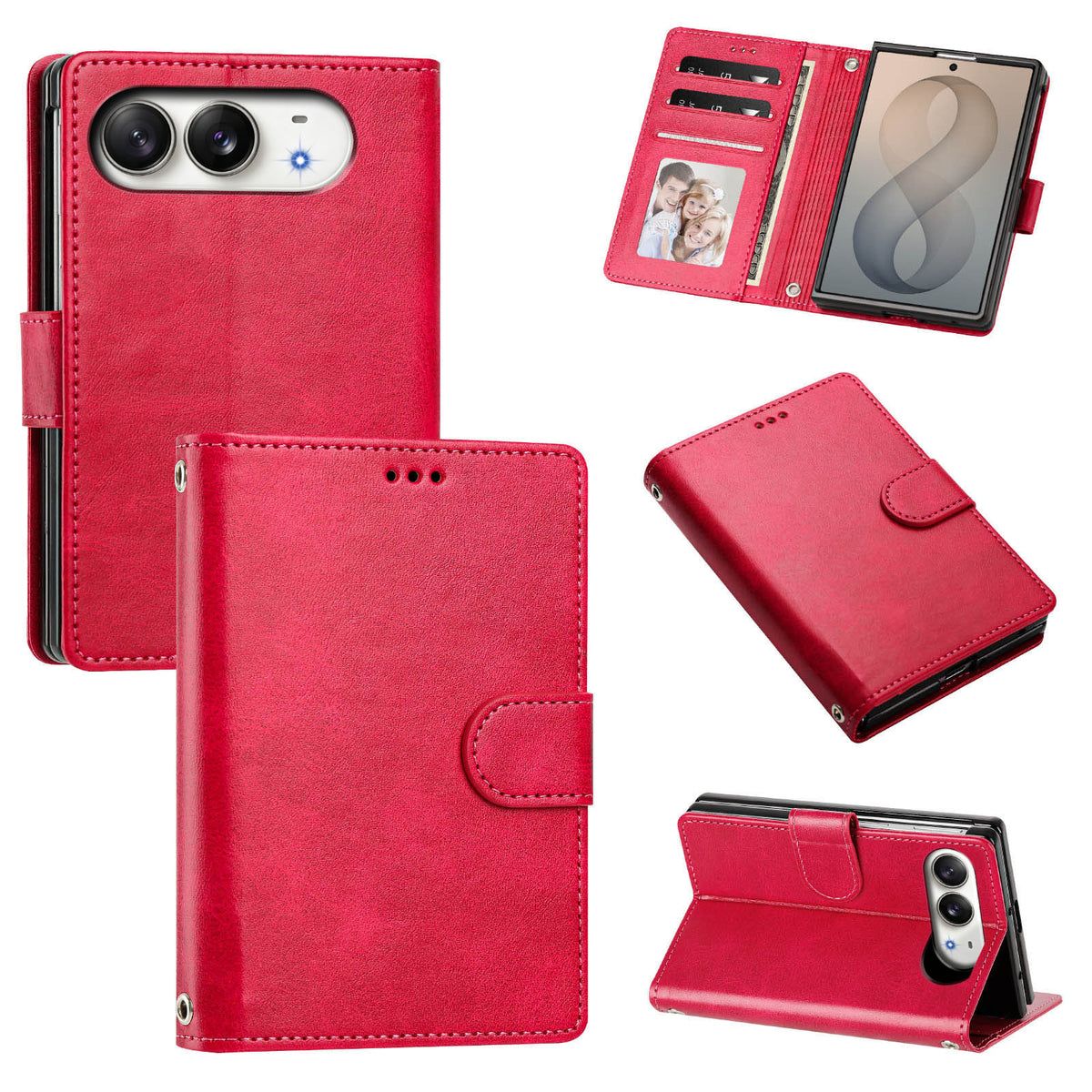 Red leather wallet case for iPhone DUO displaying closed front cover, back camera protection, inner card organizer flap, cash pocket, and horizontal kickstand mode.