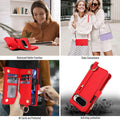 Red leather wallet phone case for Google Pixel 10 and 9 series demonstrating kickstand holder function, hands-free carrying convenience, card slot organizer, and drop protection.