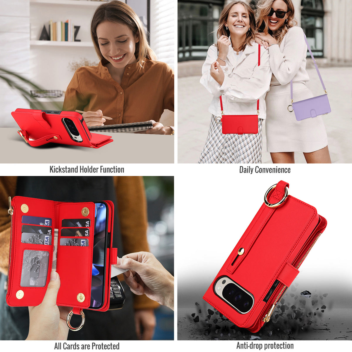 Red leather wallet phone case for Google Pixel 10 and 9 series demonstrating kickstand holder function, hands-free carrying convenience, card slot organizer, and drop protection.