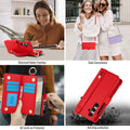 Red leather wallet phone case for Samsung Galaxy A16 A15 A14 A13 demonstrating kickstand holder function, hands-free carrying convenience, card slot organizer, and drop protection.