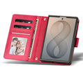Red luxury leather wallet case for iPhone DUO showing open layout with credit card slots, photo ID window, cash pocket, and magnetic clasp.