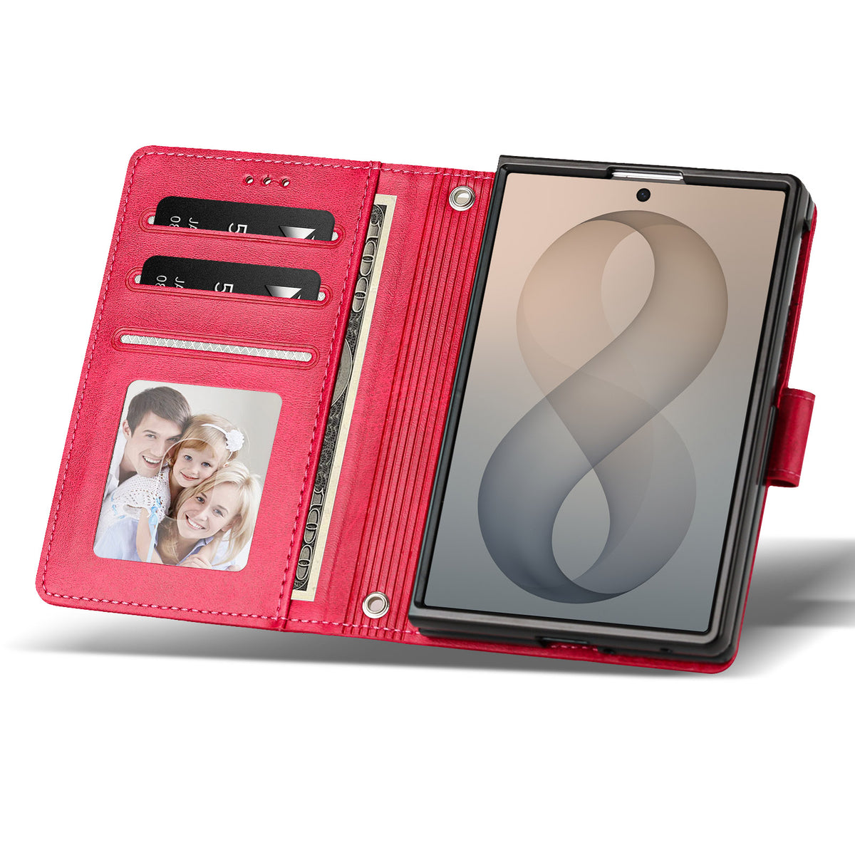 Red luxury leather wallet case for iPhone DUO showing open layout with credit card slots, photo ID window, cash pocket, and magnetic clasp.
