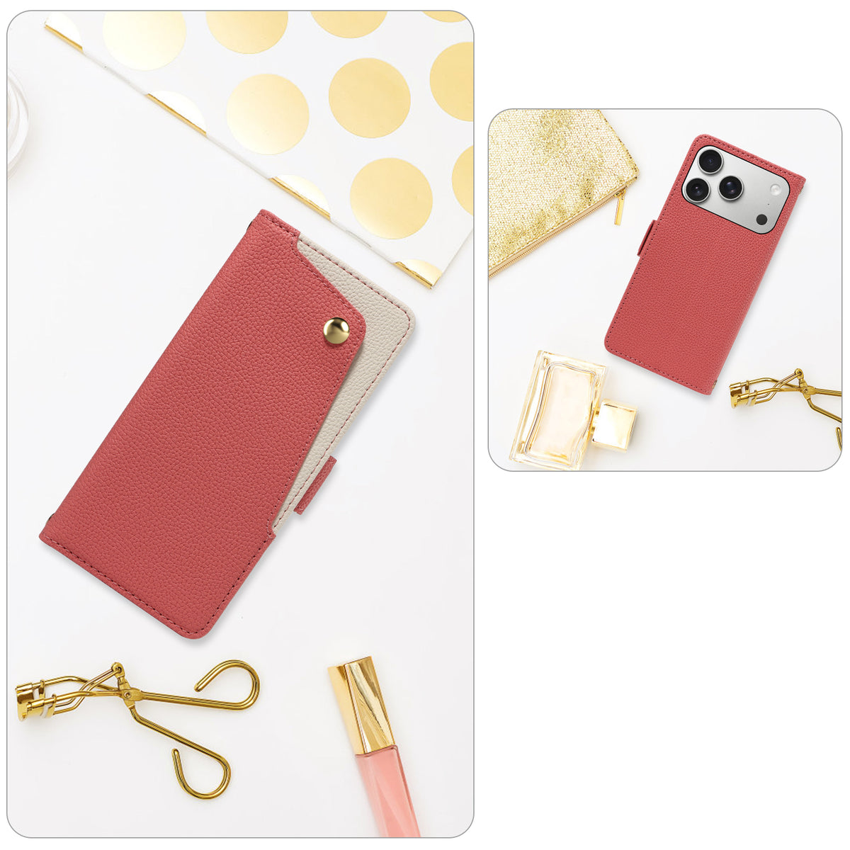 Red pebbled leather smartphone flip case. The large main panel shows a closed dual-tone case with a gold-tone stud, lying diagonally.