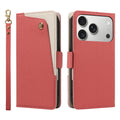 Red pebbled leather smartphone wallet case. On the left is the front view, showcasing its diagonal red and cream pebbled leather design and gold-tone stud. A matching wrist strap hangs to its left