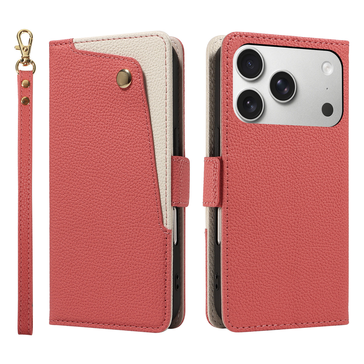 Red pebbled leather smartphone wallet case. On the left is the front view, showcasing its diagonal red and cream pebbled leather design and gold-tone stud. A matching wrist strap hangs to its left