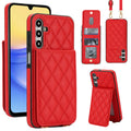 Red quilted leather crossbody wallet case for Samsung Galaxy A-Series displaying full composite views, including rear snap card slots, photo ID window, detachable shoulder lanyard, and vertical kickstand mode.