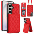 Red quilted leather crossbody wallet case for Samsung Galaxy A-Series displaying full composite views including rear card slot flap, open ID window, detachable lanyard strap, and kickstand mode.