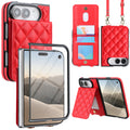 Red quilted leather crossbody wallet case for iPhone DUO displaying full product composite views including built-in screen protector frame, snap-button card slots, detachable shoulder lanyard, and horizontal kickstand mode.