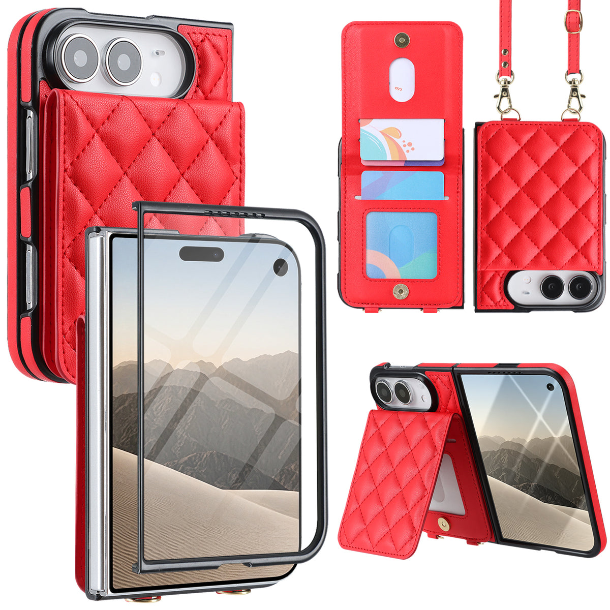 Red quilted leather crossbody wallet case for iPhone DUO displaying full product composite views including built-in screen protector frame, snap-button card slots, detachable shoulder lanyard, and horizontal kickstand mode.