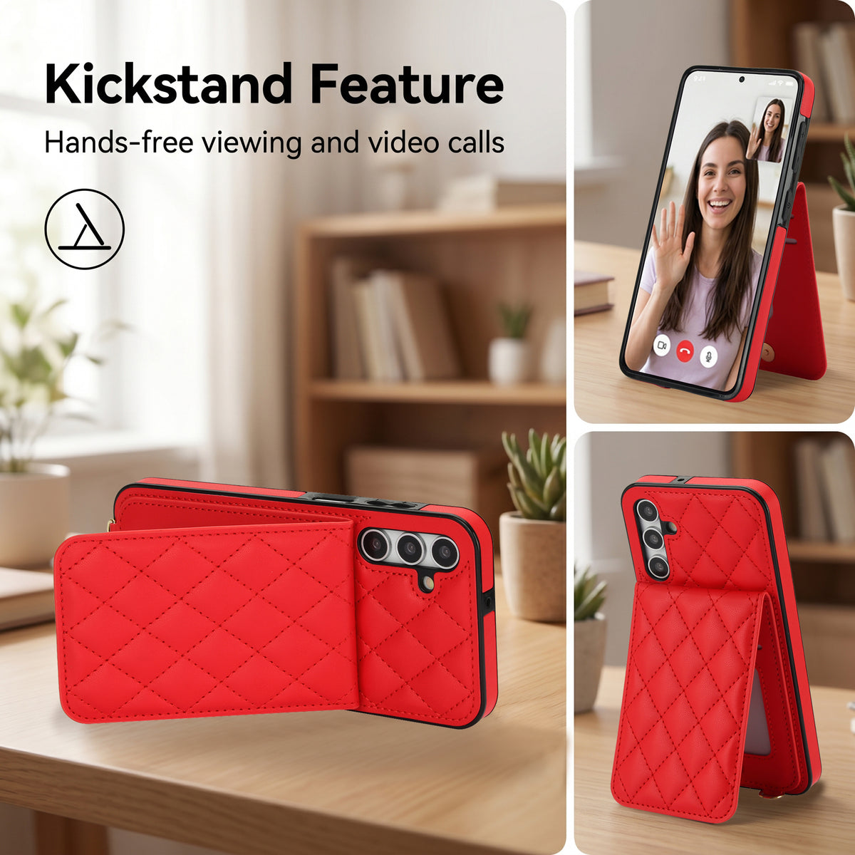 Red quilted leather wallet case for Samsung Galaxy A-Series placed on a table in hands-free vertical video calling position and horizontal kickstand mode.