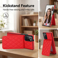 Red quilted leather wallet case for Samsung Galaxy A73-A71 placed on a table in hands-free vertical video calling position and horizontal kickstand mode.