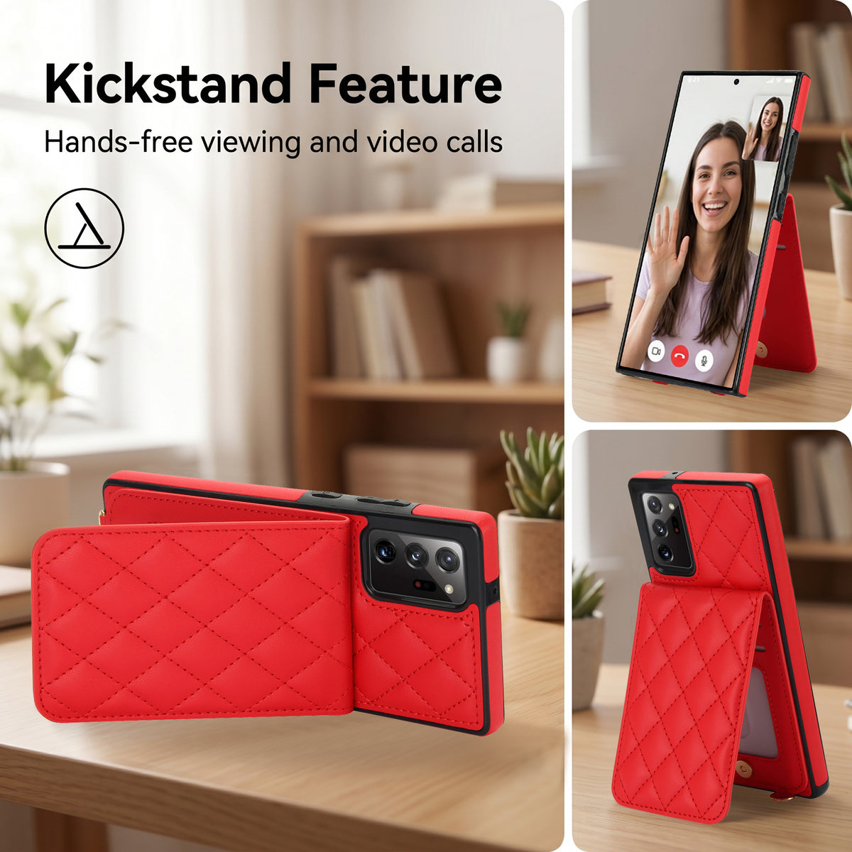 Red quilted leather wallet case for Samsung Galaxy A73-A71 placed on a table in hands-free vertical video calling position and horizontal kickstand mode.