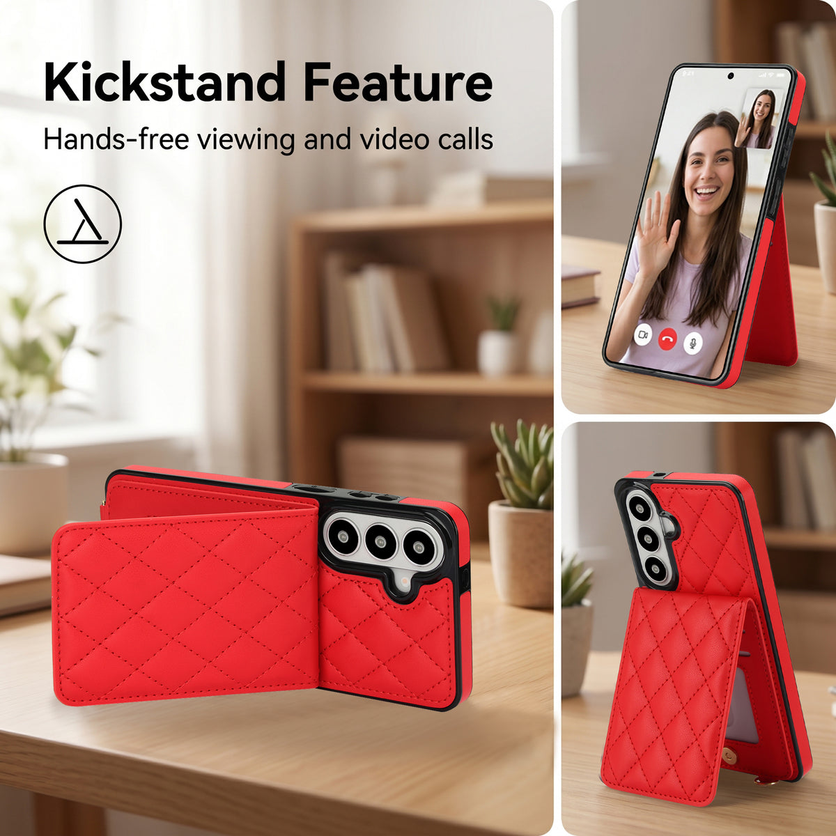 Red quilted leather wallet case for Samsung Galaxy placed on a table in hands-free vertical video calling position and horizontal kickstand mode.