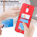 Red quilted leather wallet case for iPhone DUO showing open magnetic flap with credit card slots and photo ID window.