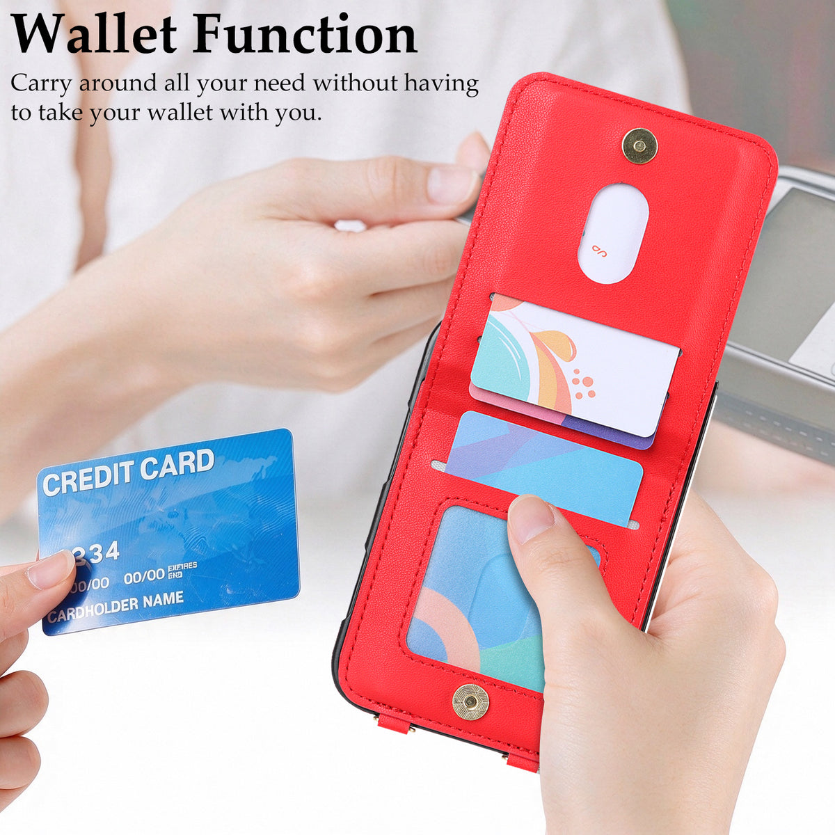 Red quilted leather wallet case for iPhone DUO showing open magnetic flap with credit card slots and photo ID window.
