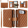 Rich brown quilted leather wallet case for iPhone DUO shown from multiple angles highlighting open card slots, clear ID window, and rear camera protection frame.
