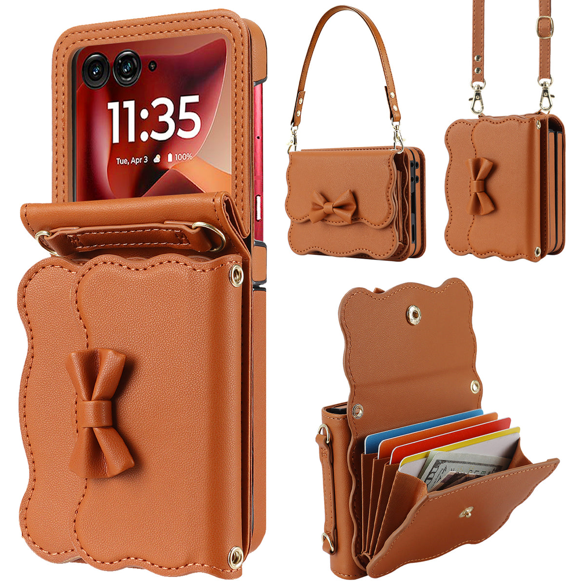 Rich caramel brown bow leather phone purse for Motorola RAZR featuring cover display clearance, wristlet handle, adjustable lanyard, and open accordion card storage.