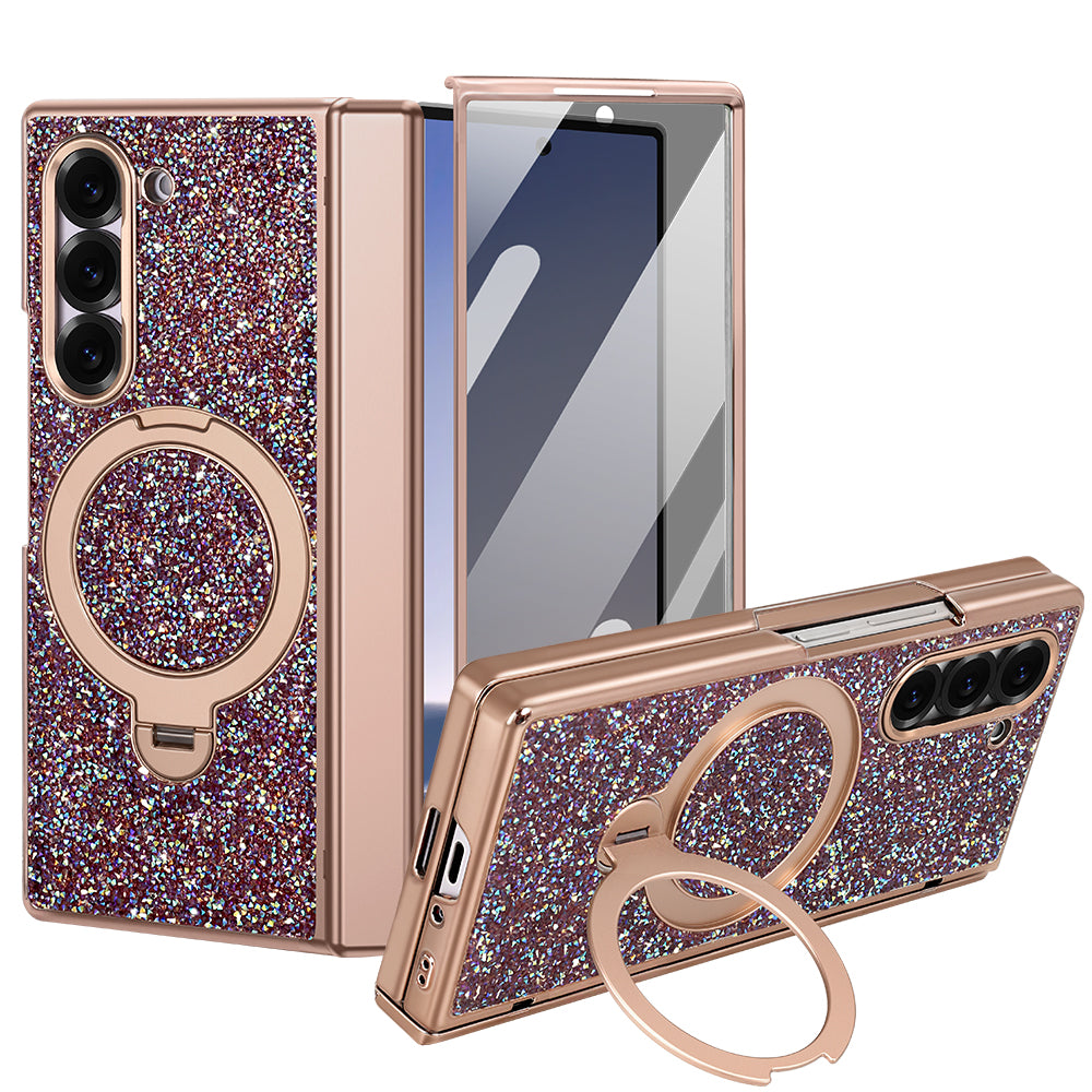 Rose Gold glitter Samsung Galaxy Z Fold case set with built-in ring holder and protective front screen frame.