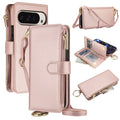 Rose gold metallic leather crossbody wallet case for Google Pixel 10 and 9 series displaying front and back views, gold hardware accents, open card flap, zipper purse compartment, and detachable wristlet strap.