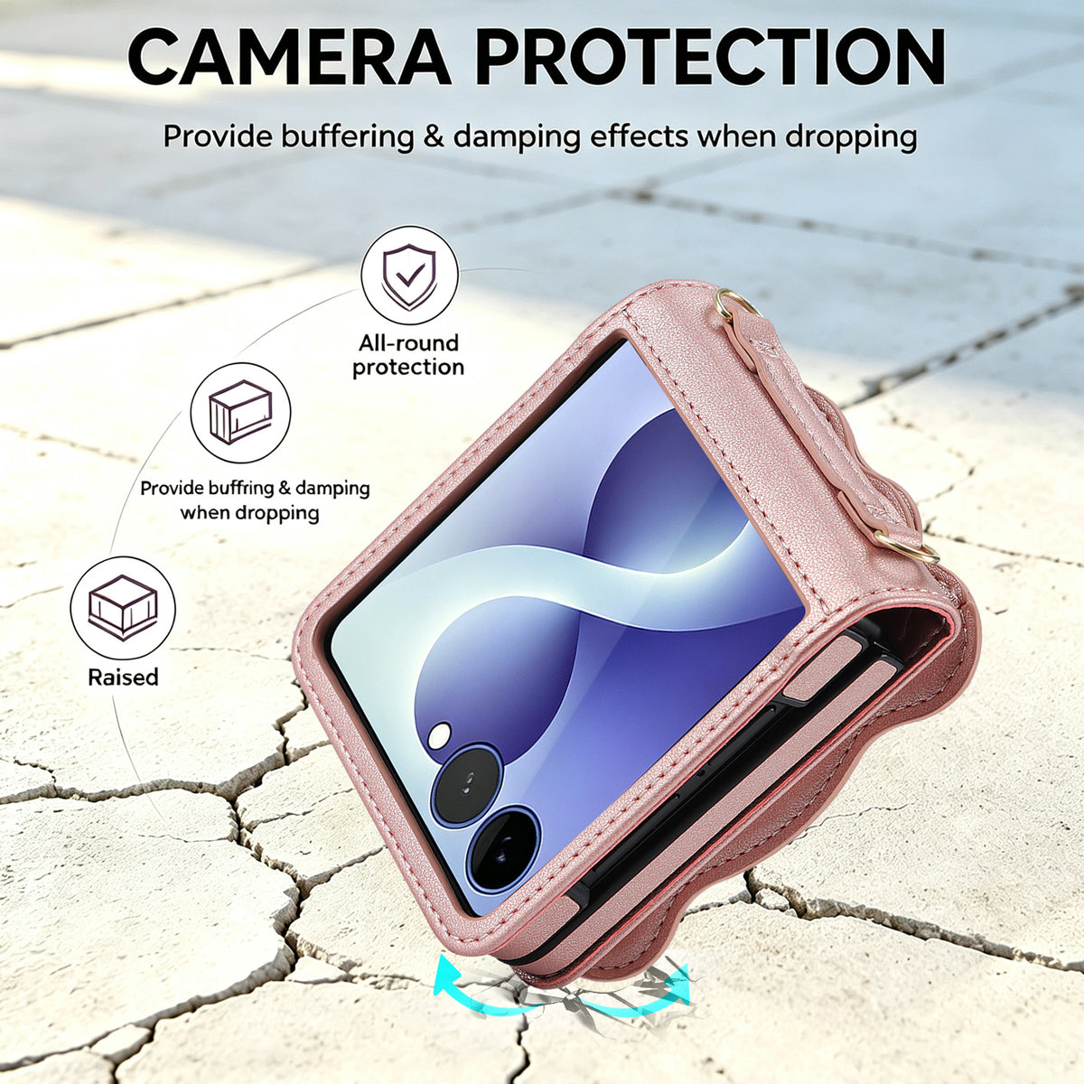 Rose gold Samsung Galaxy Z Flip leather case close-up showing raised camera protection border and shock-absorbing edges