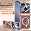 Rose gold flash diamond series phone case for Samsung Galaxy Z Flip showing integrated screen film and folded landscape kickstand angle.