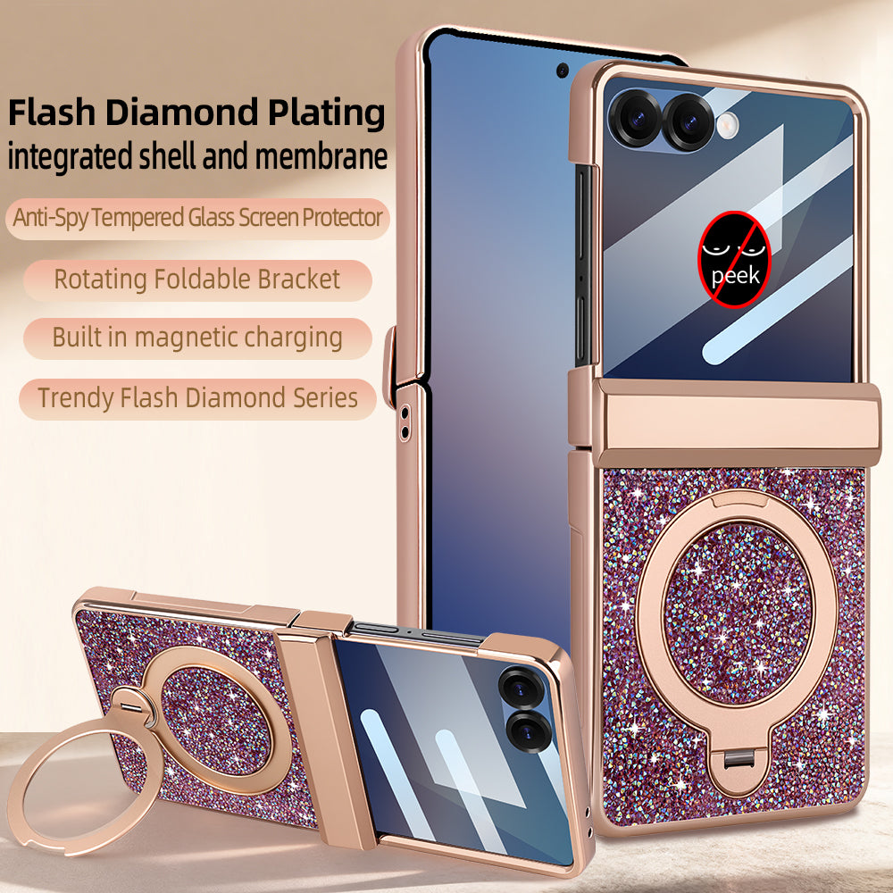 Rose gold flash diamond series phone case for Samsung Galaxy Z Flip showing integrated screen film and folded landscape kickstand angle.