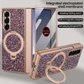 Rose gold glitter Samsung Galaxy Z Fold case with integrated magnetic hinge protection, ring kickstand, and anti-peeping tempered glass screen film.