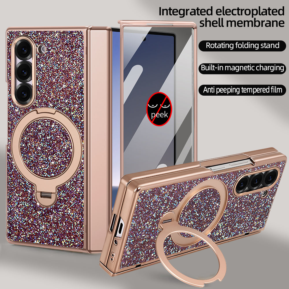 Rose gold glitter Samsung Galaxy Z Fold case with integrated magnetic hinge protection, ring kickstand, and anti-peeping tempered glass screen film.