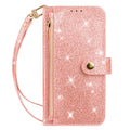 Rose gold glitter leather crossbody wallet phone case showing zipper pouch detail, magnetic snap tab, and matching wristlet strap.