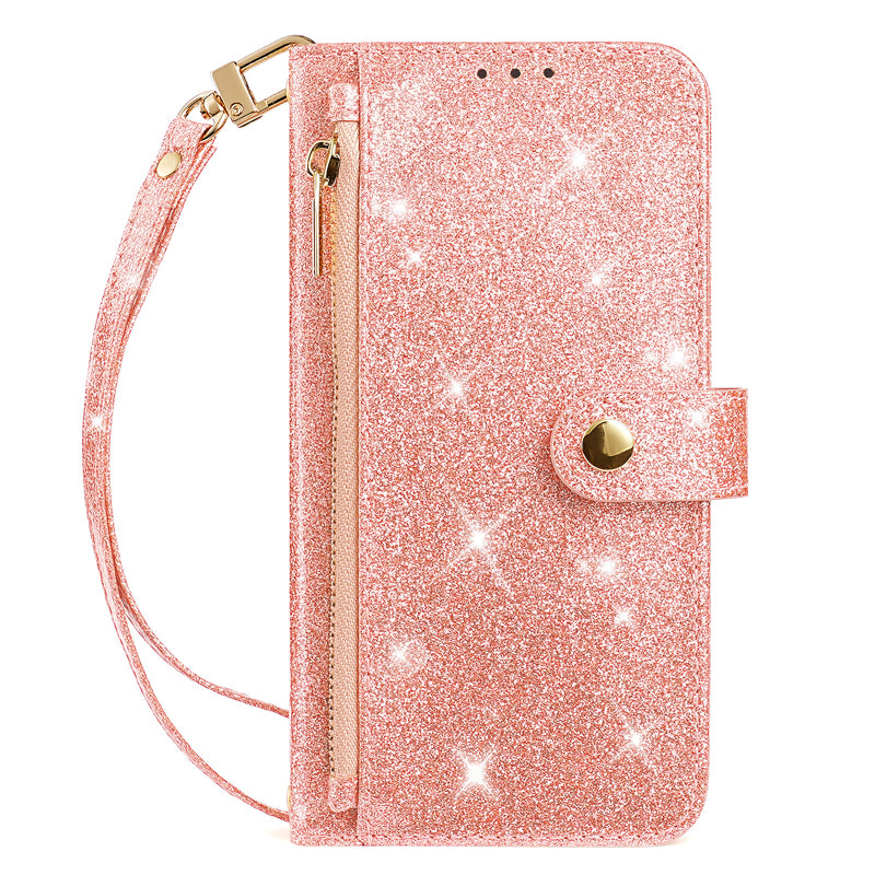 Rose gold glitter leather crossbody wallet phone case showing zipper pouch detail, magnetic snap tab, and matching wristlet strap.