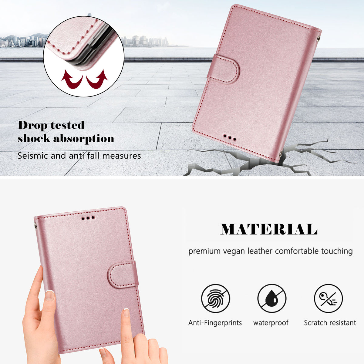 Rose gold leather wallet case for iPhone DUO highlighting drop-tested shock absorption, anti-fingerprint coating, waterproof finish, and scratch-resistant vegan leather material.