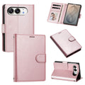 Rose gold leather wallet case for iPhone DUO showing closed front cover, magnetic strap, rear camera protection, and folding kickstand mode.