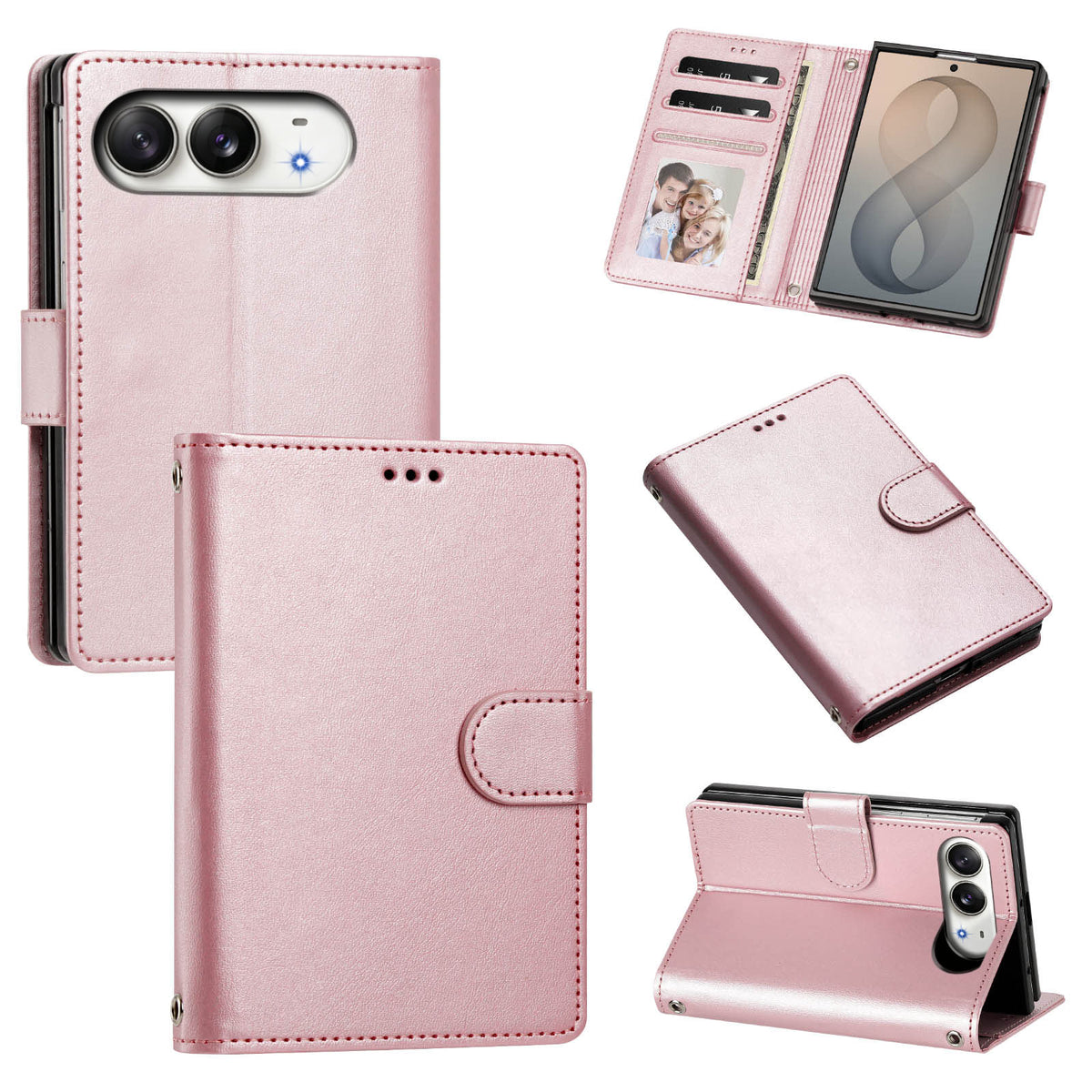 Rose gold leather wallet case for iPhone DUO showing closed front cover, magnetic strap, rear camera protection, and folding kickstand mode.