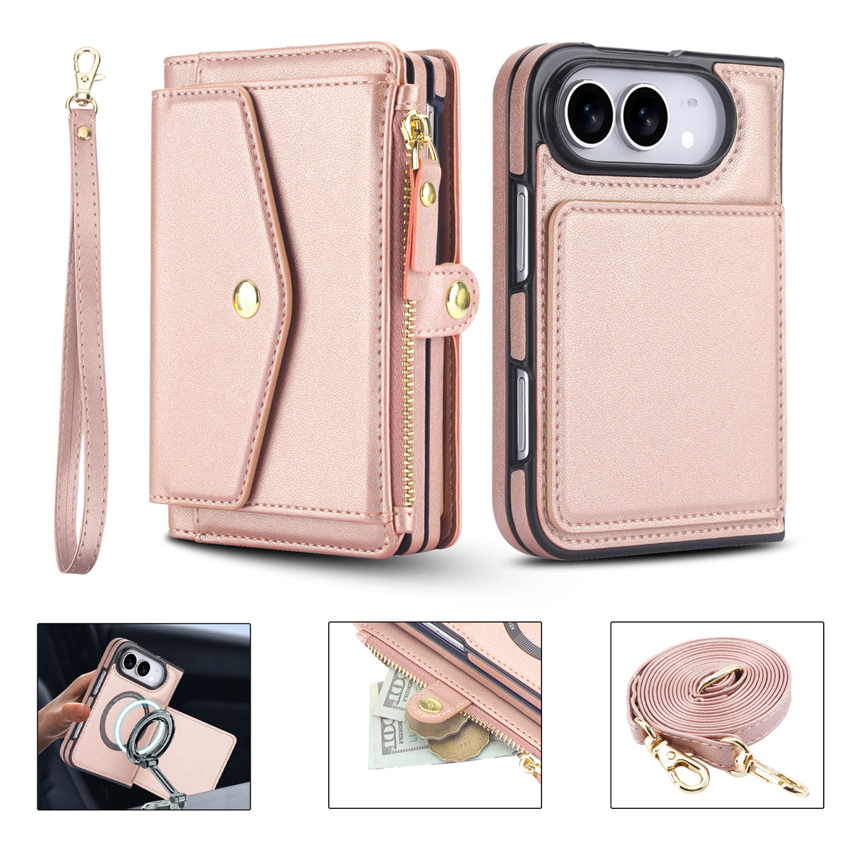 Rose gold leather wallet case for iPhone DUO shown alongside its wristlet lanyard, adjustable crossbody strap, zipper pocket detail, and magnetic back cover mode.