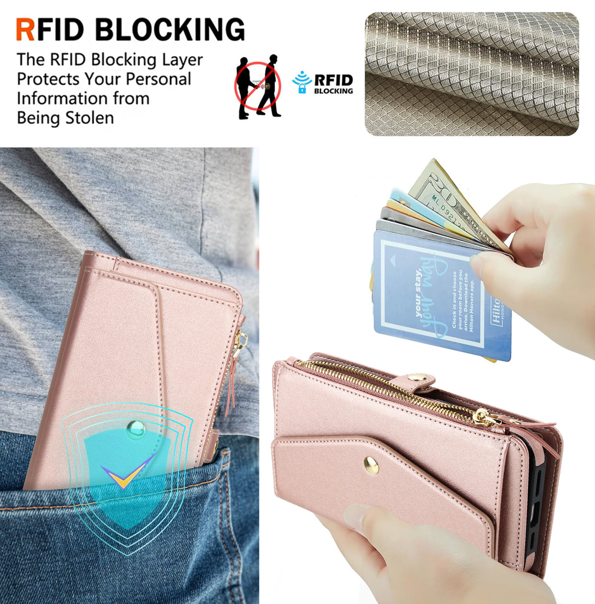 Rose gold leather wallet phone case in pocket demonstrating RFID blocking layer technology for credit card protection.