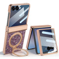 Rose gold luxury glitter case for Samsung Galaxy Z Flip displayed unfolded with built-in rotating ring kickstand and protective front screen frame.