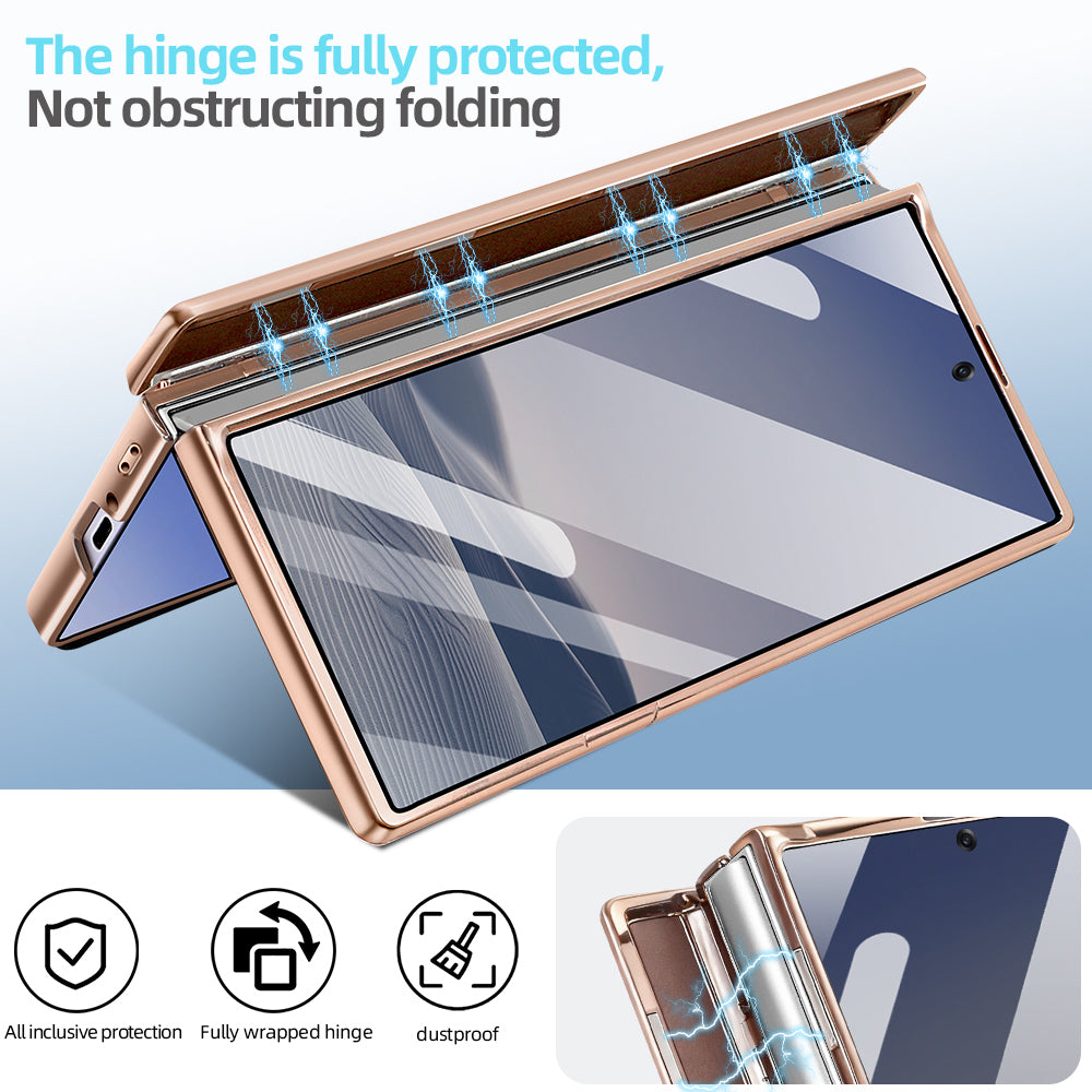 Rose gold luxury glitter case for Samsung Galaxy Z Fold showing fully wrapped magnetic hinge protection and smooth folding mechanism.