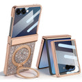 Rose gold luxury glitter phone case for Samsung Galaxy Z Flip shown unfolded with ring kickstand extended next to a folded view showing the protective outer frame.